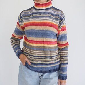Vintage Mountain Lake Blue Cotton Sweater Striped Knit Grandmacore M